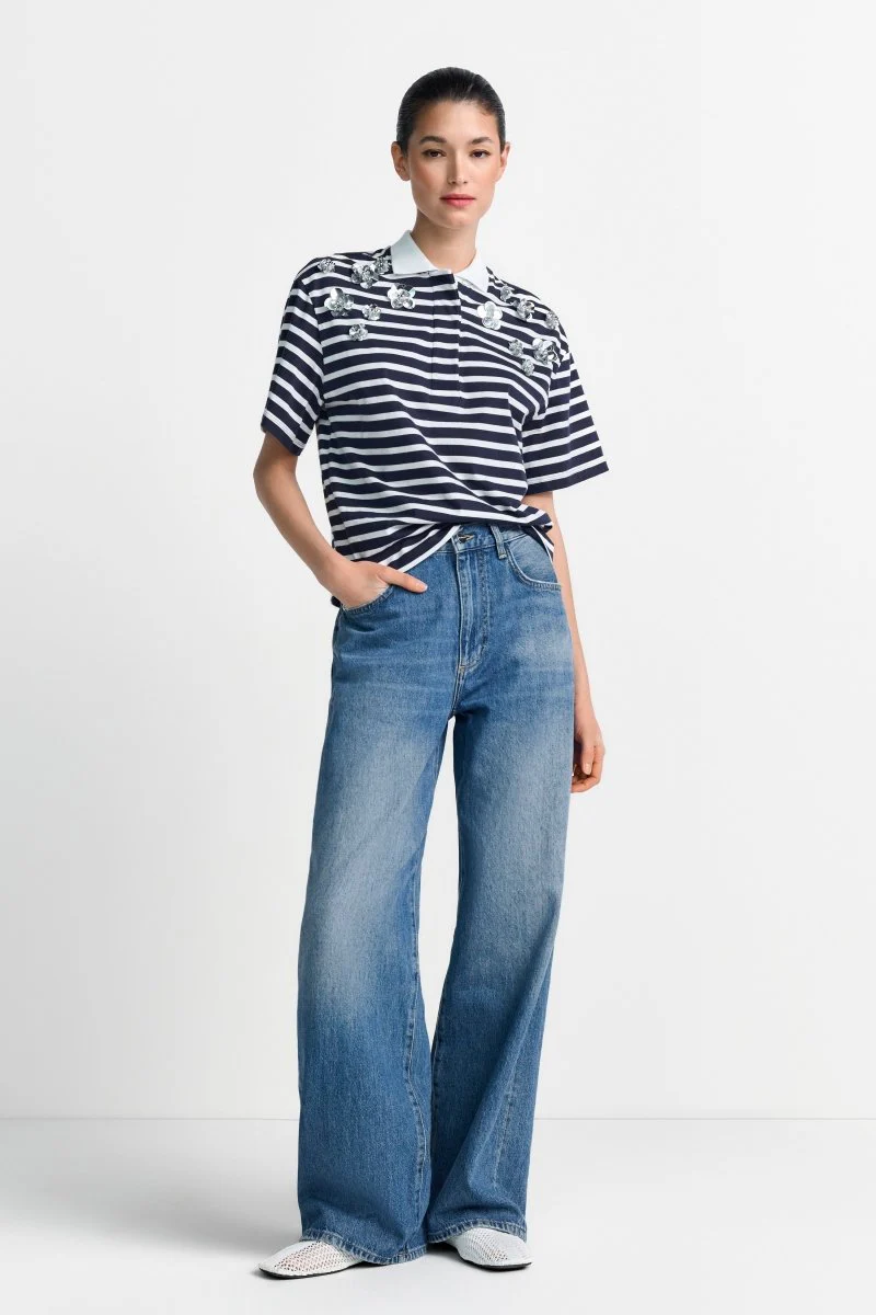 Gestreiftes Poloshirt mit Blüten - Image 3